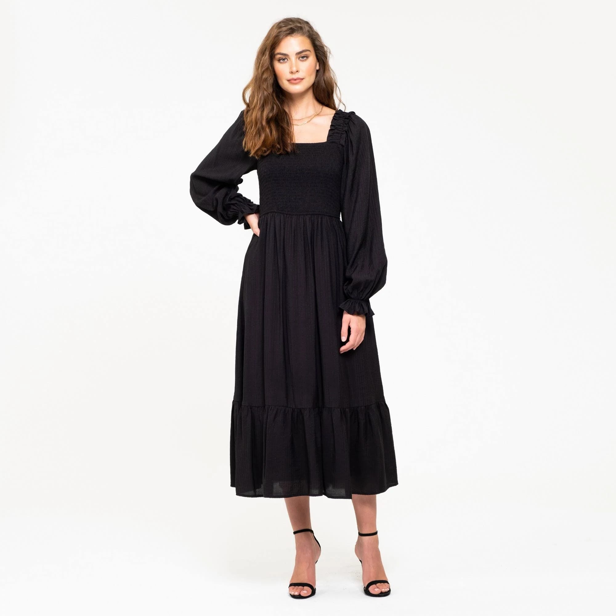 Ruffled Long Sleeve Midi Dress in Black | Image