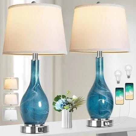 Coastal Blue Table Lamp Set with 25-inch Reach and USB Ports | Image