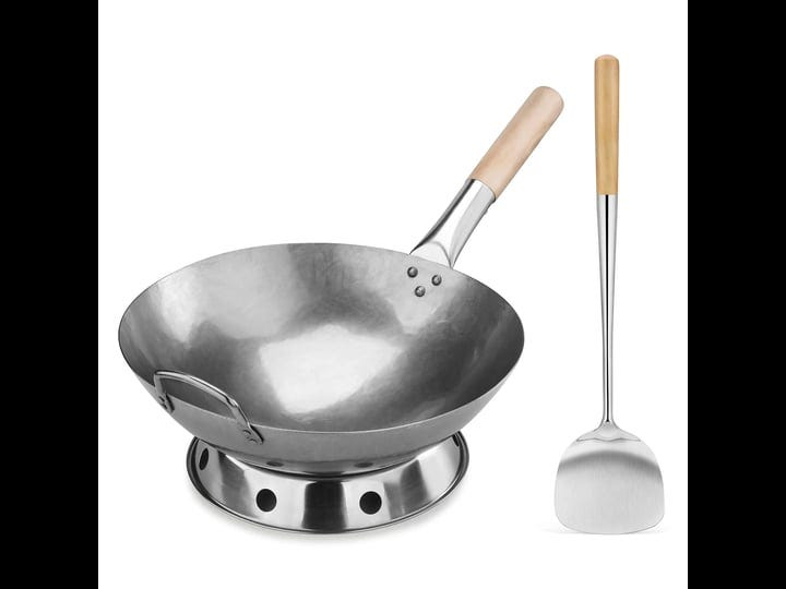 new-star-foodservice-1028720-carbon-steel-pow-wok-set-with-wood-and-steel-helper-handle-hand-hammere-1