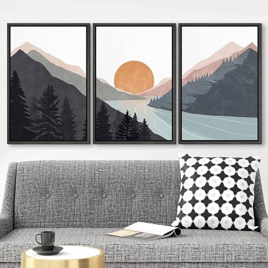 sun-mountain-landscape-range-abstract-lake-nature-wall-art-decor-framed-canvas-3-pieces-print-set-id-1