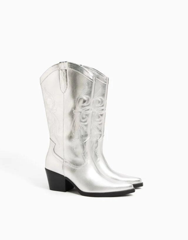 Metallic Silver Pointed Heeled Cowboy Boots for Women | Image