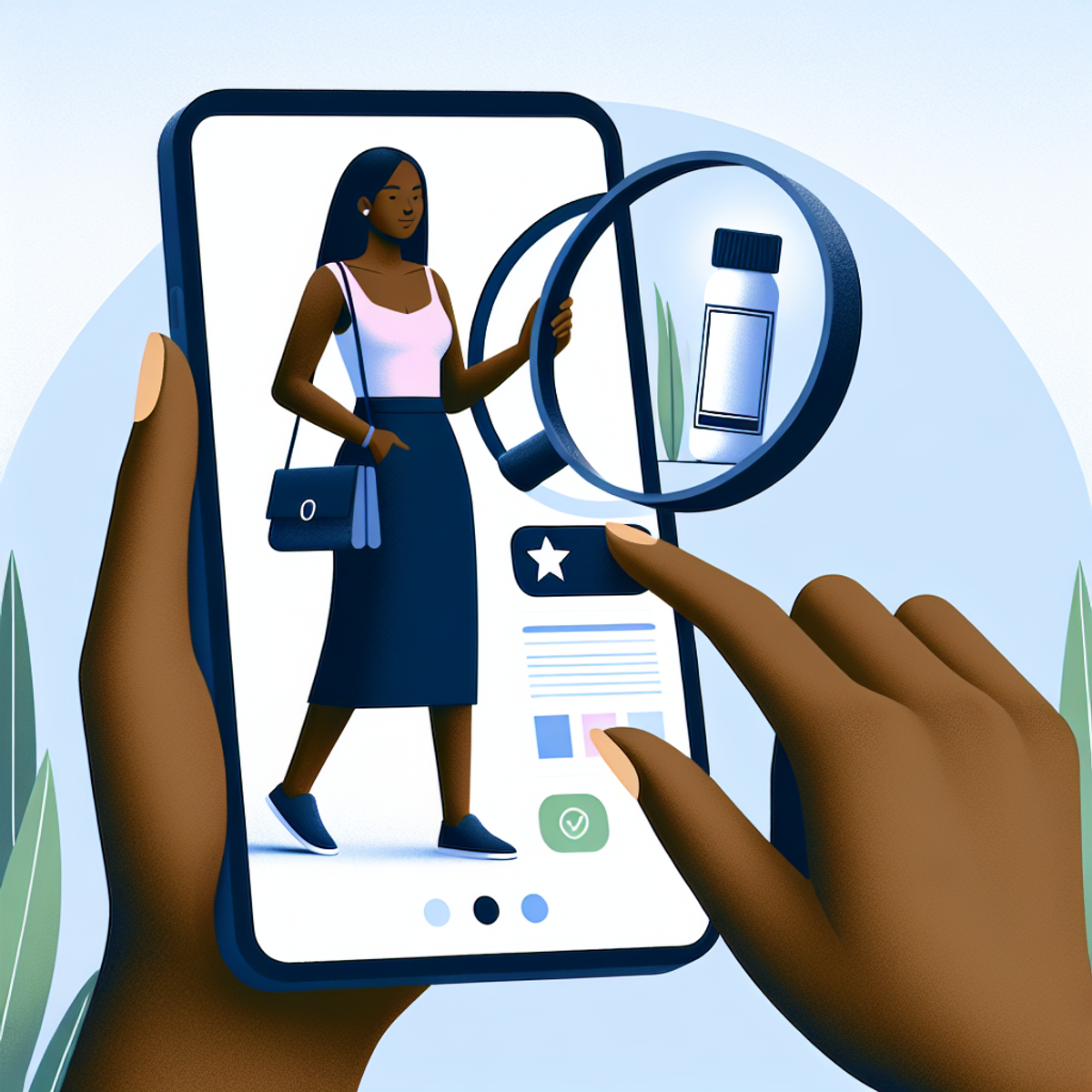 A Black woman stands indoors, holding a smartphone with a magnifying glass icon hovering over an image of a product on the screen, showing satisfaction and ease of using visual search technology for online shopping.