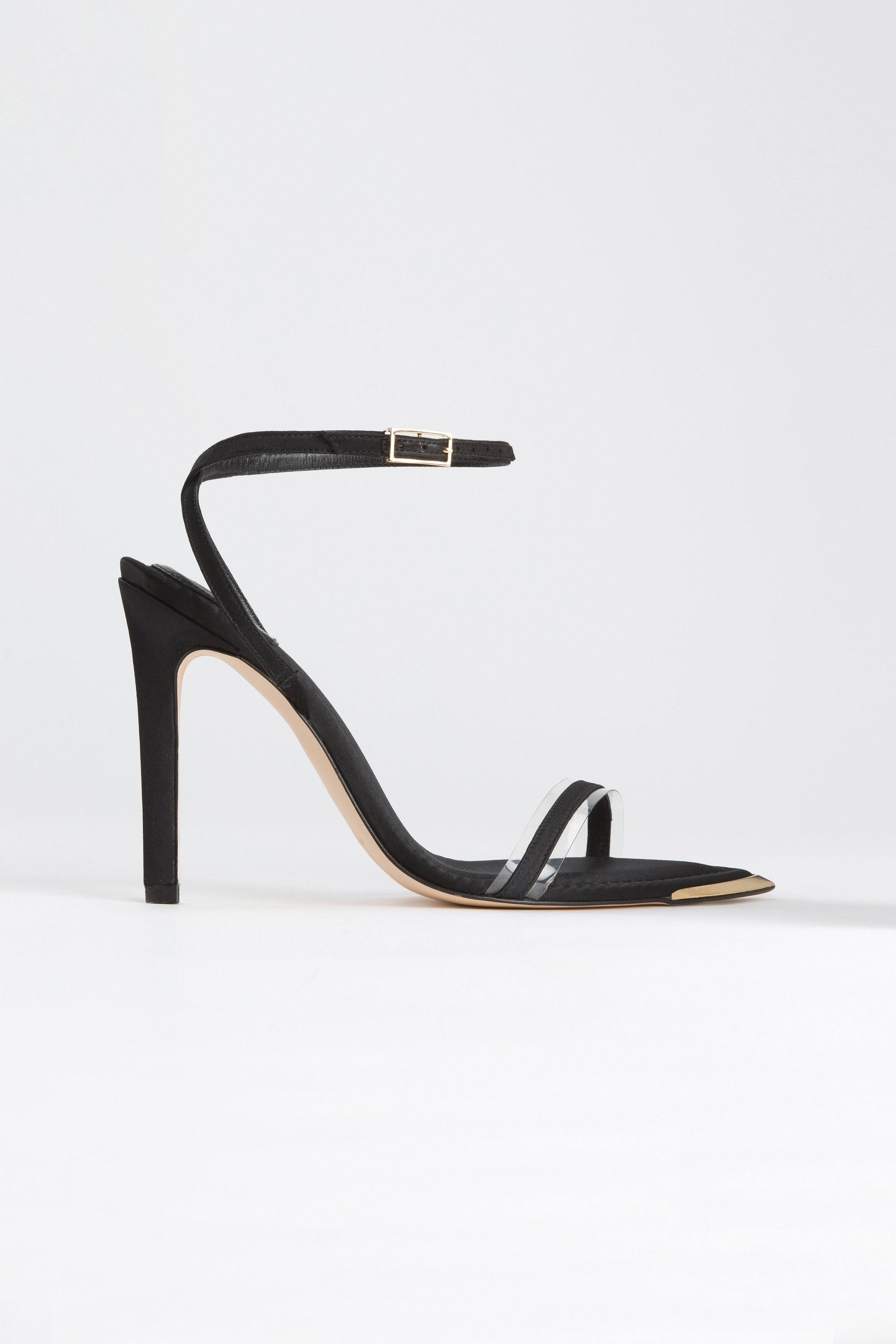 Chic High-Heel Ankle Strap Sandals in Black Satin | Image