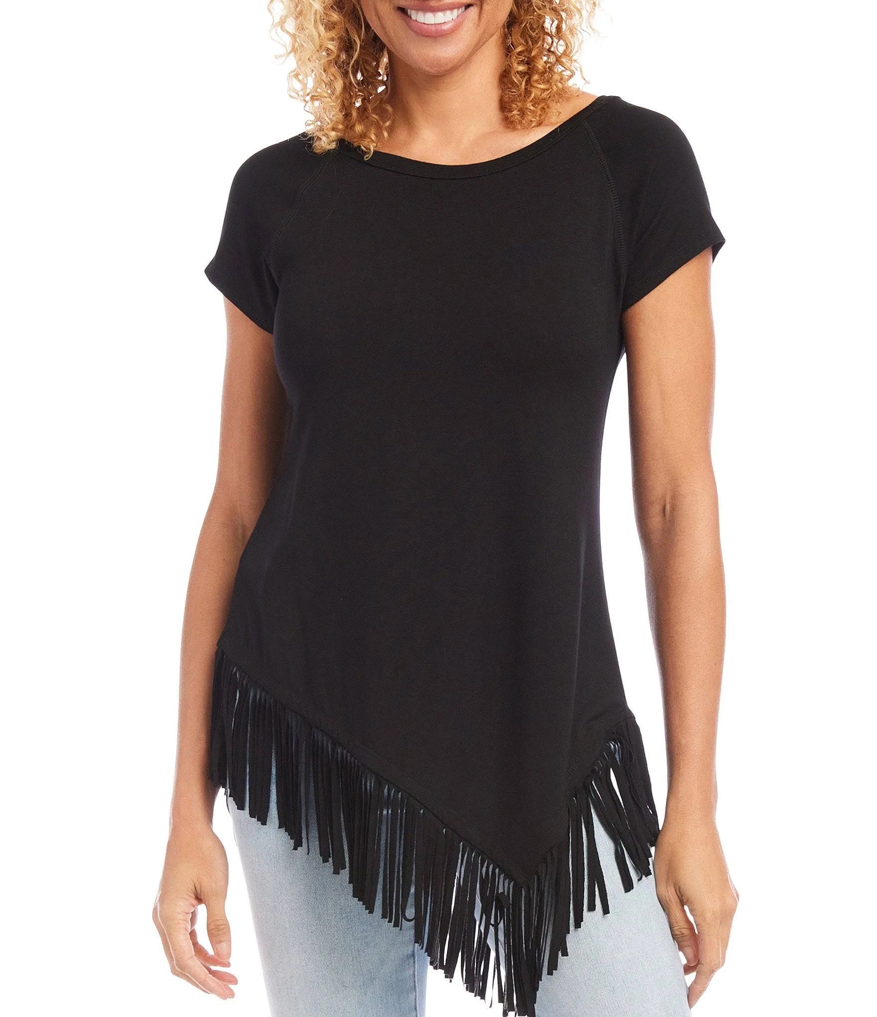 Elegant Black Karen Kane Fringe Top in Petite and Specialty Sizes | Image