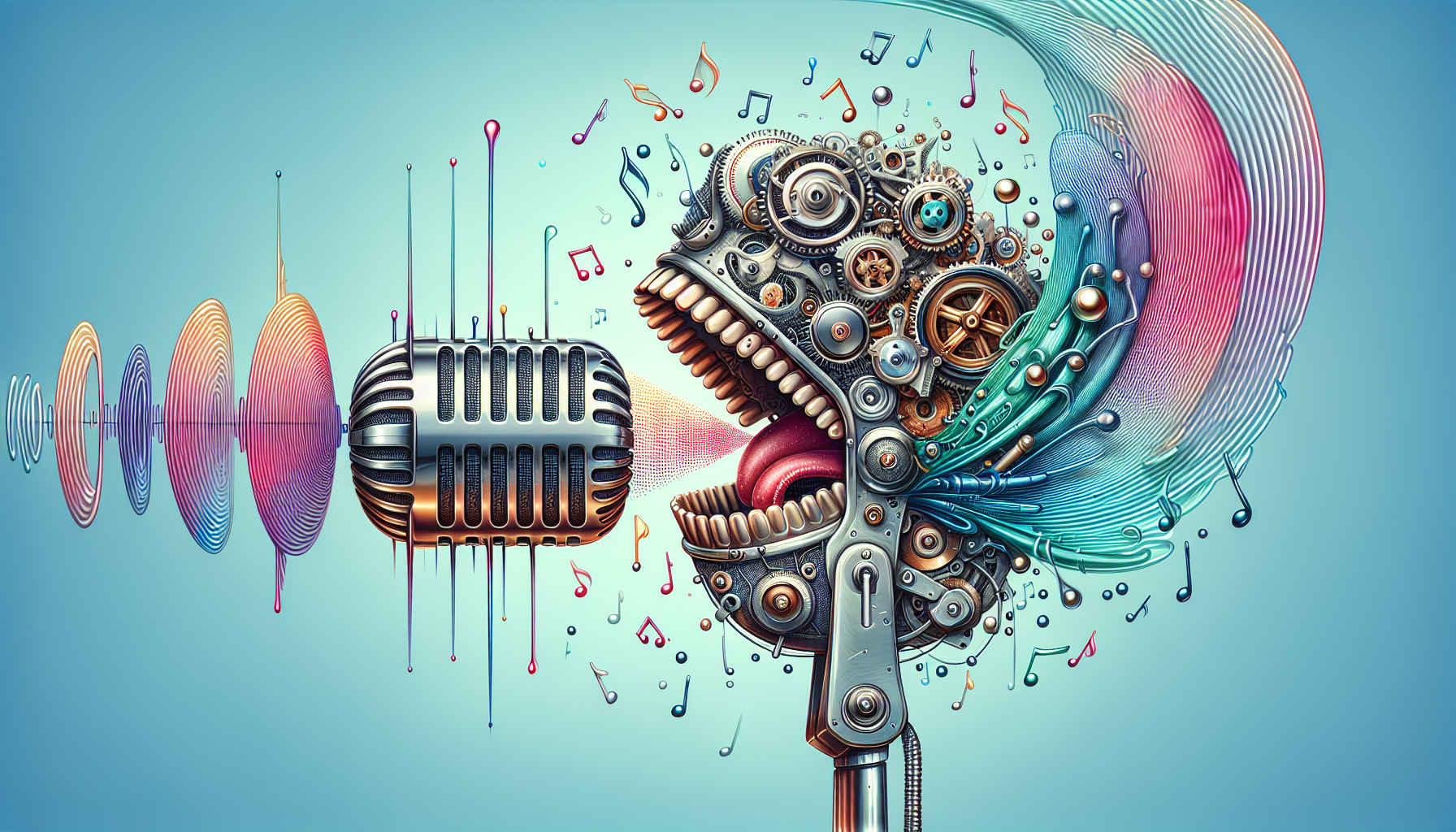 A robotic mouth speaking into a vintage microphone, surrounded by sound waves with floating musical notes, with a transparent price tag on the microphone saying Free.