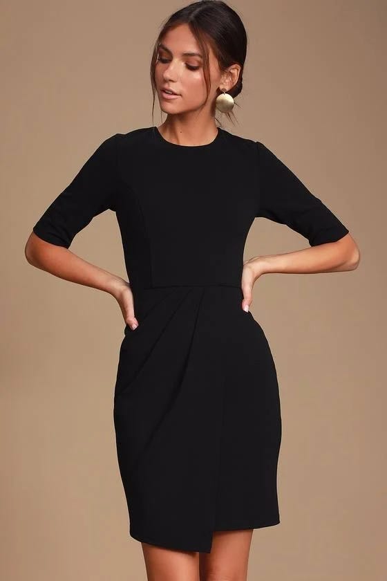 Crew-Neck, Half-Sleeve Black Sheath Dress for Women | Image