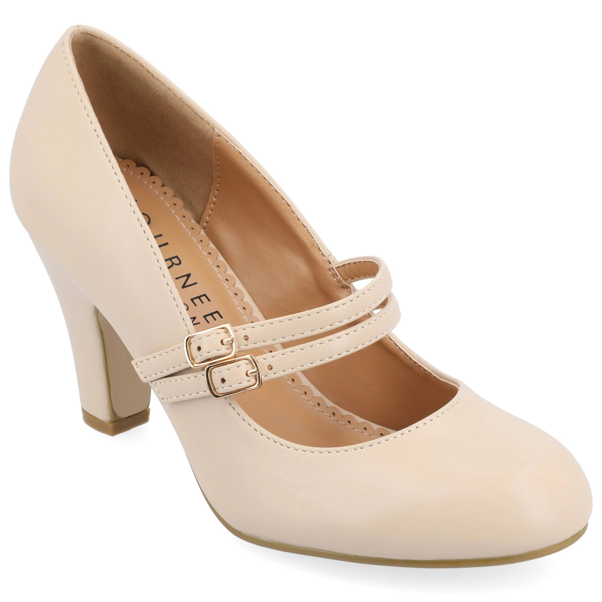 Nude Vegan Mary Jane Pumps with Buckle Straps and Comfortable Cone Heel | Image