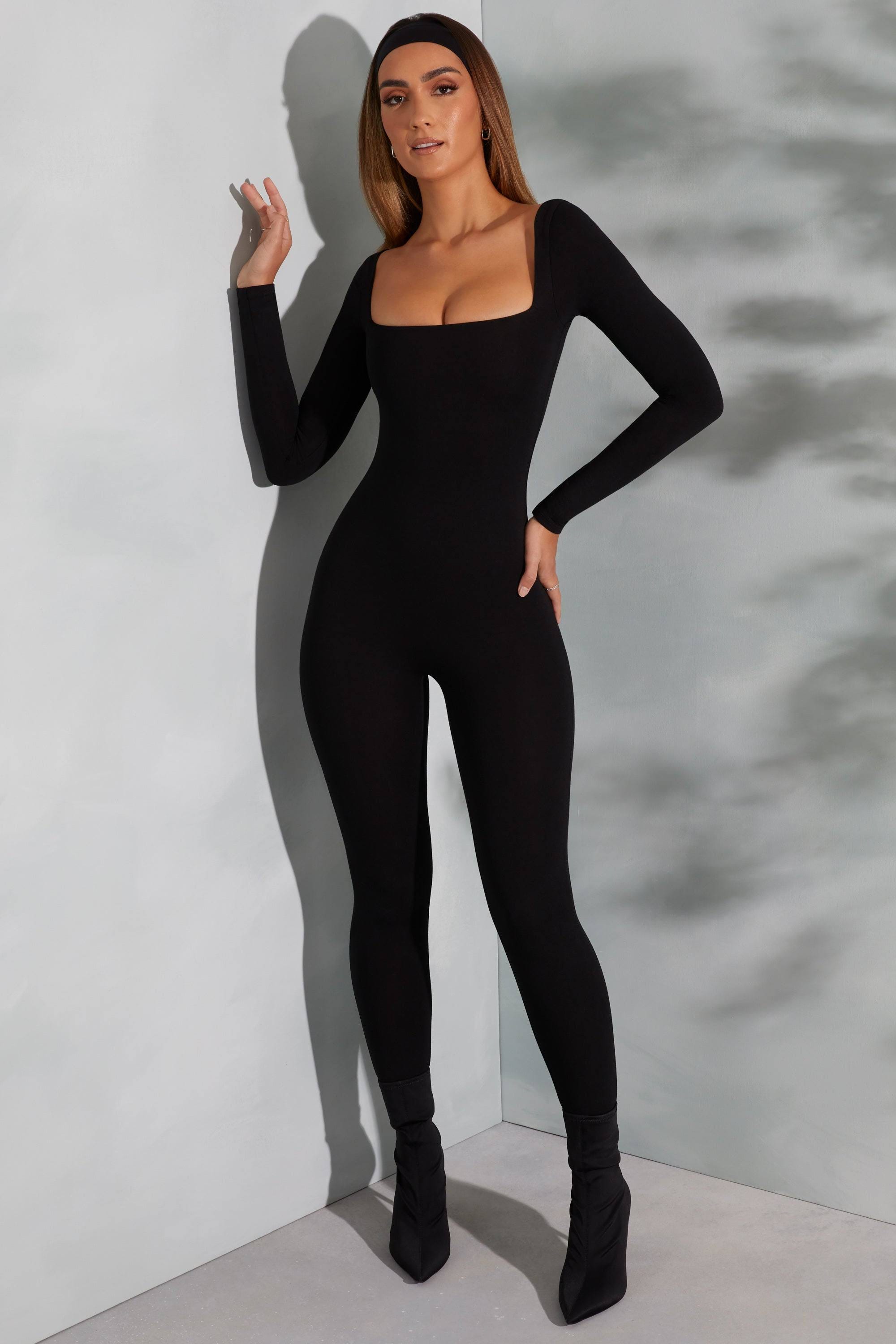 Square Neckline, Long Sleeve Jumpsuit in Black - Perfect for Any Occasion | Image