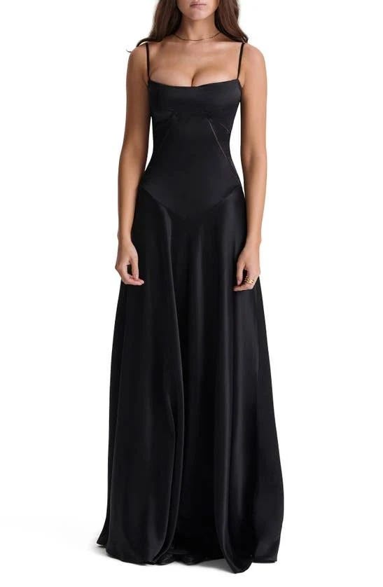 Elegant Black Lace-Up Satin Maxi Slipdress | Image