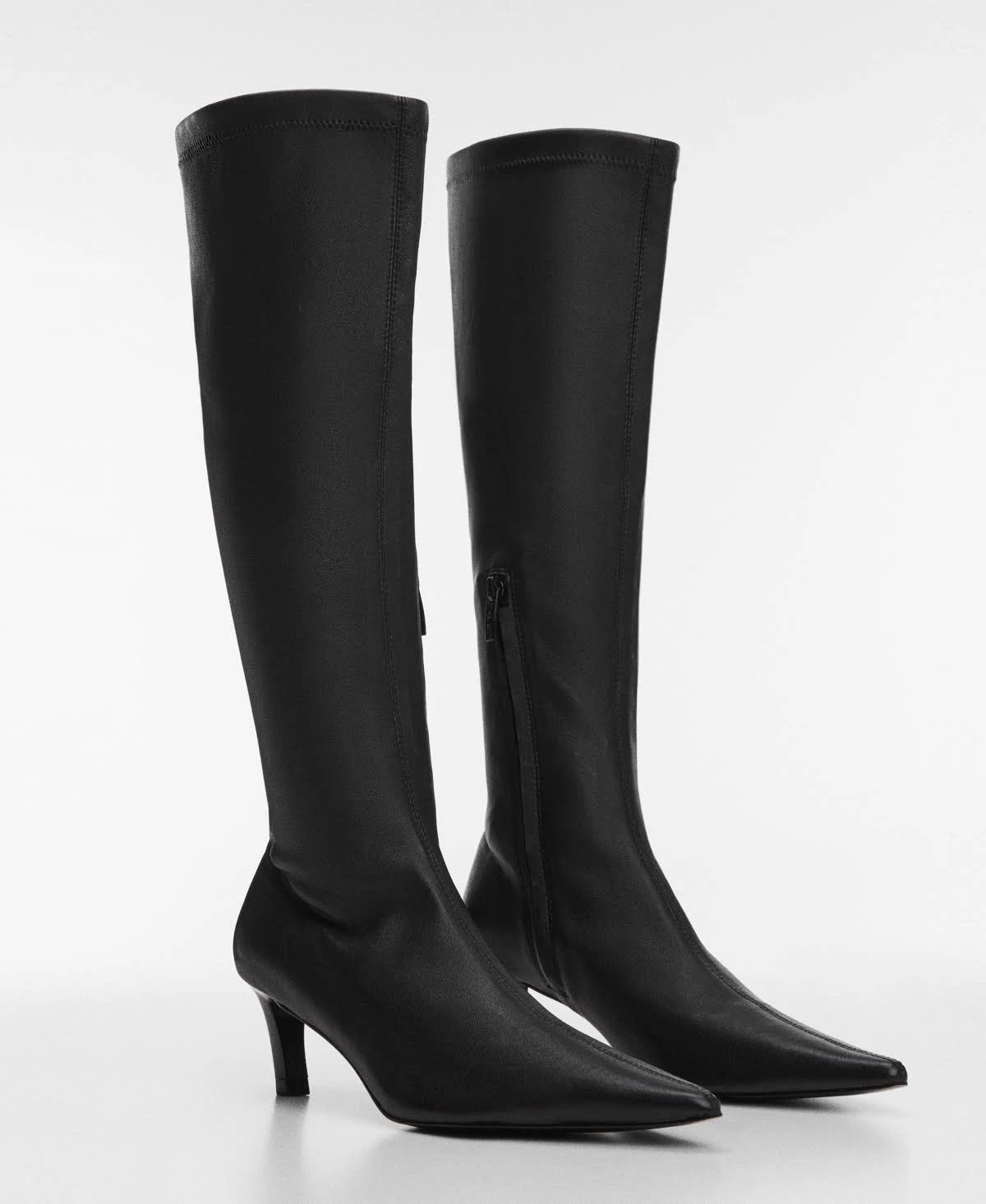 Mango Ladies Leather Kitten Heel Boots - Black | Image