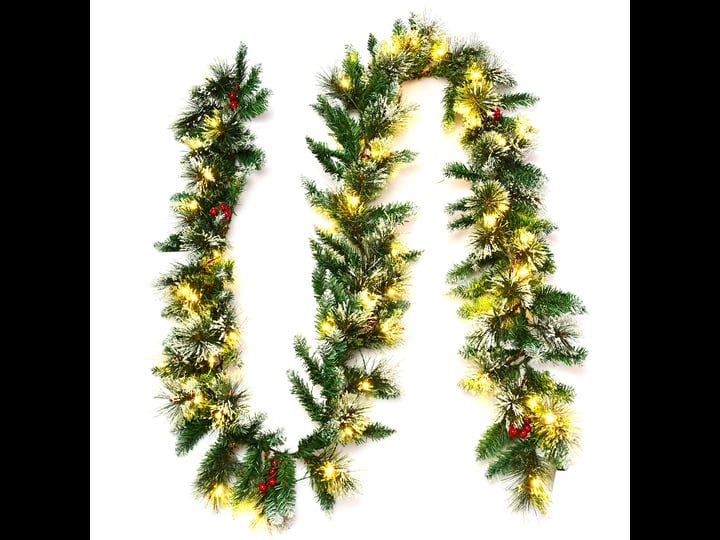 costway-9ft-pre-lit-christmas-garland-w-snow-flocked-tips-red-berries-50-lights-timer-green-1