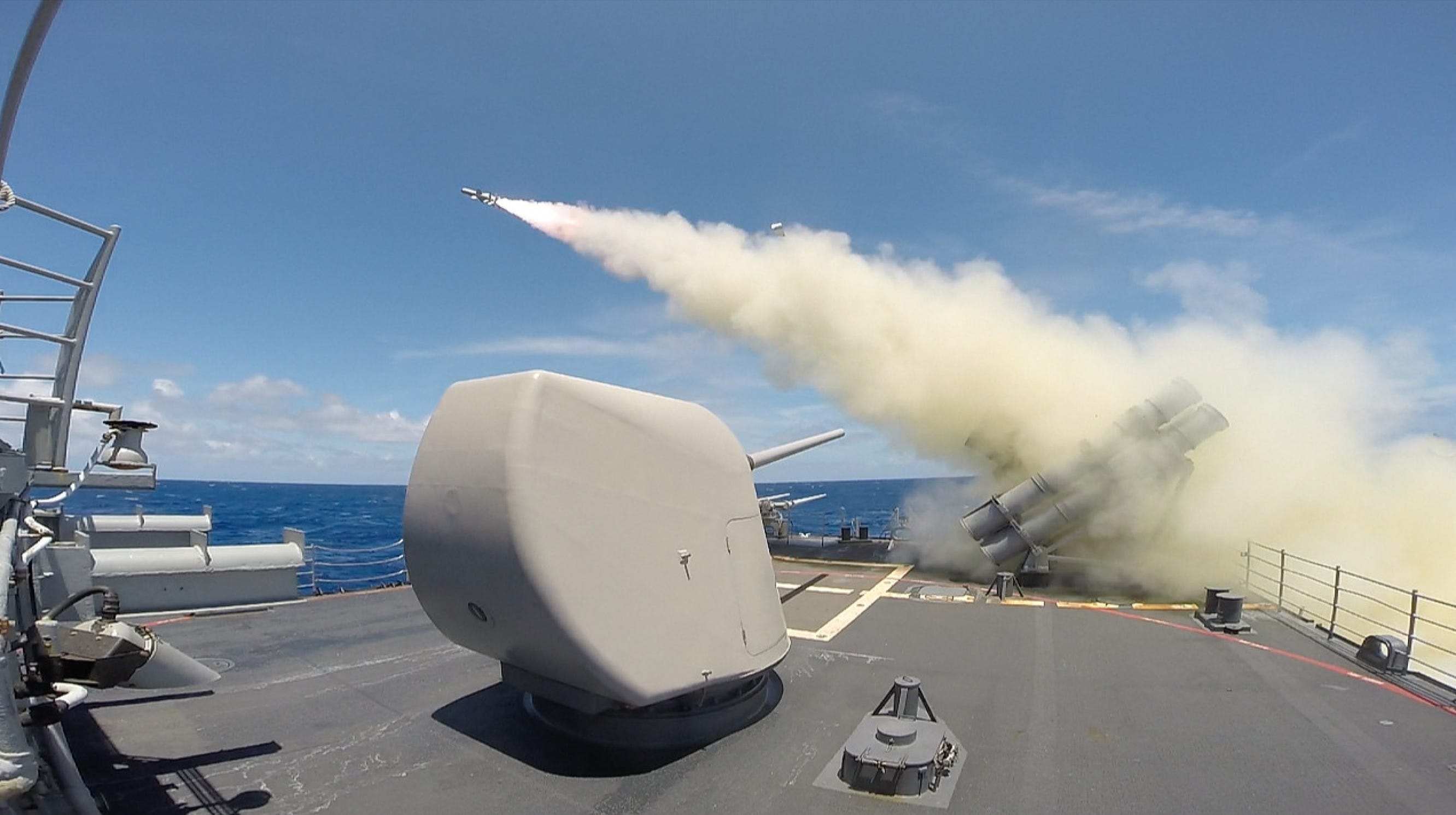 The Ticonderoga-class guided-missile cruiser USS Chosin (CG-65) launches a Harpoon missile during a live-fire exercise as part of Rim of the Pacific (RIMPAC) Exercise 2014. Twenty-two nations, 49 ships, six submarines, more than 200 aircraft and 25,000 personnel are participating in RIMPAC from June 26 to Aug. 1 in and around the Hawaiian Islands and Southern California. The world's largest international maritime exercise, RIMPAC provides a unique training opportunity that helps participants foster and sustain the cooperative relationships that are critical to ensuring the safety of sea lanes and security on the world's oceans. RIMPAC 2014 is the 24th exercise in the series that began in 1971. (U.S. Navy photo by Fire Controlman 2nd Class Andrew Albin/Released)