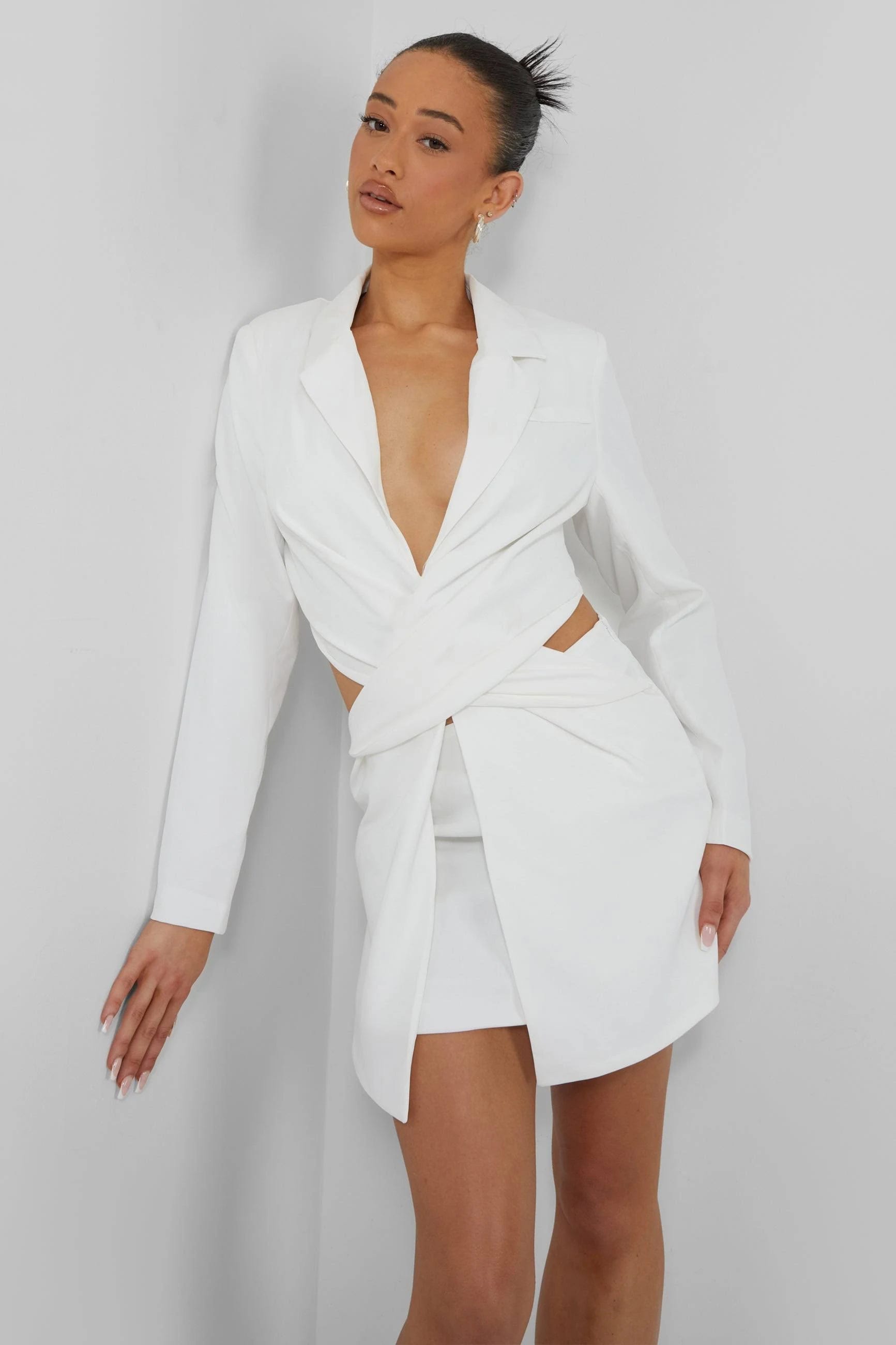 Elegant White Twist Front Blazer Midi Dress | Image