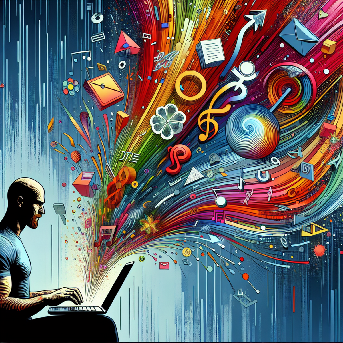 A person typing on a laptop with colorful abstract lines and symbols emanating from the screen.