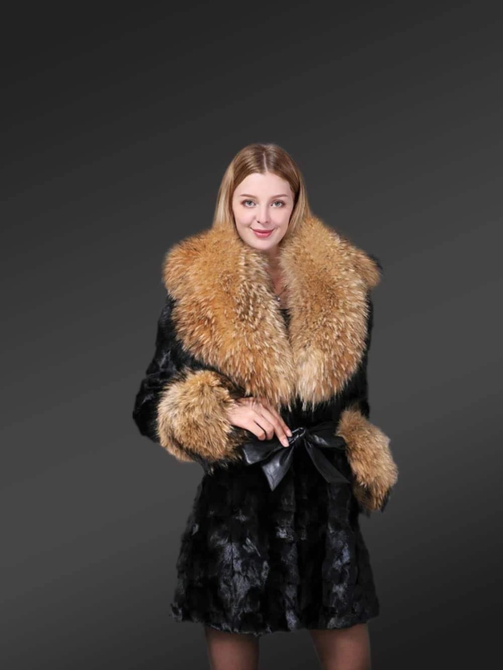 Chic Mink Coat with Raccoon Fur Collar and Trims | Image