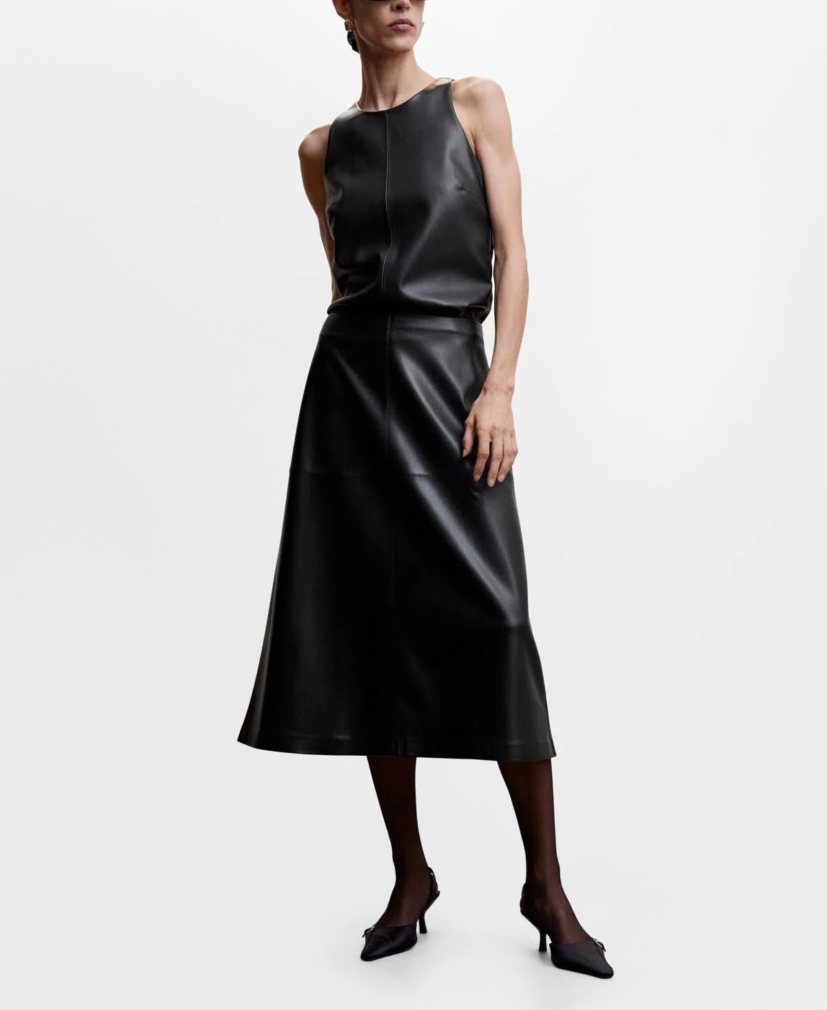 High-Waisted Faux-Leather Skirt in Black by Mango | Image