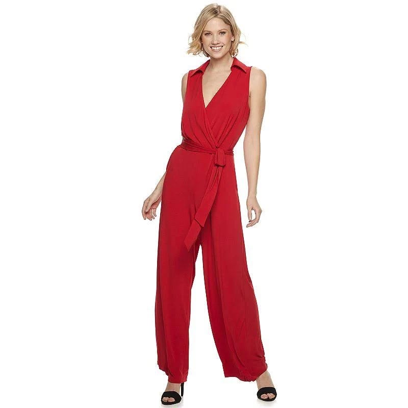 Red V-Neck Tie Waist Jumpsuit by Nina Leonard | Image