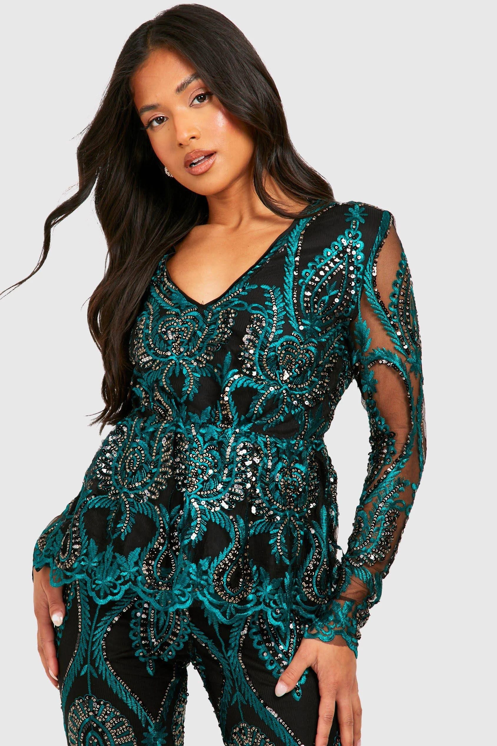 Stylish Damask Sequin Peplum Top for Petite Women | Image