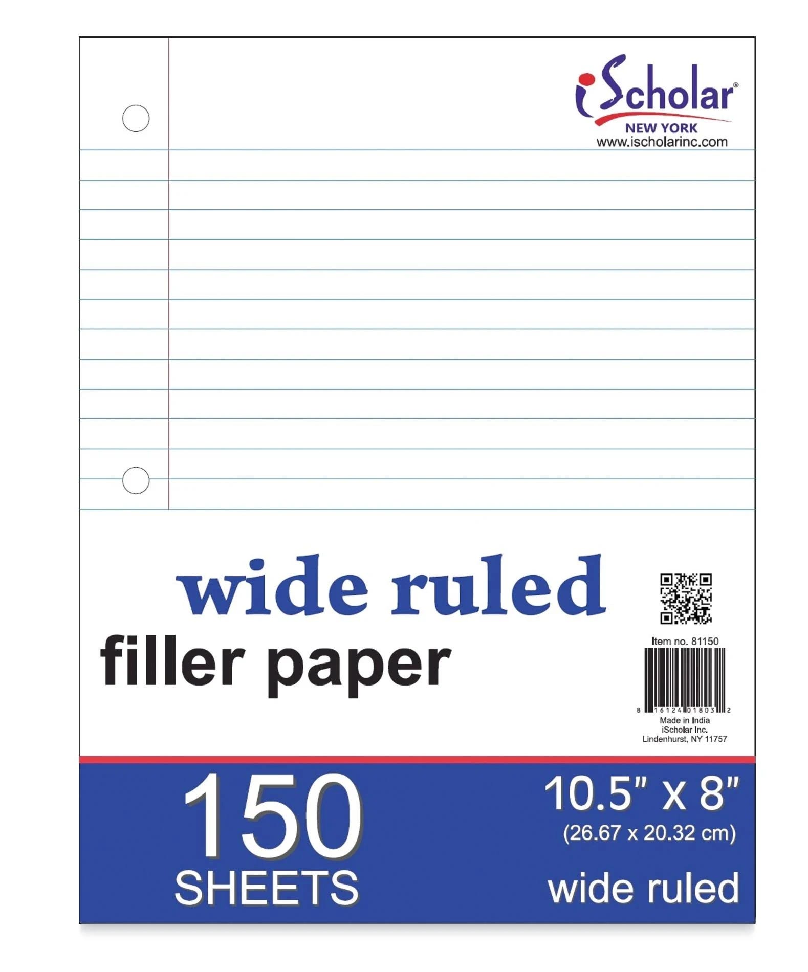 Ischolar Premium Wide Ruled Lined Paper, White, 10.5 x 8-Inches, 150 Sheets | Image