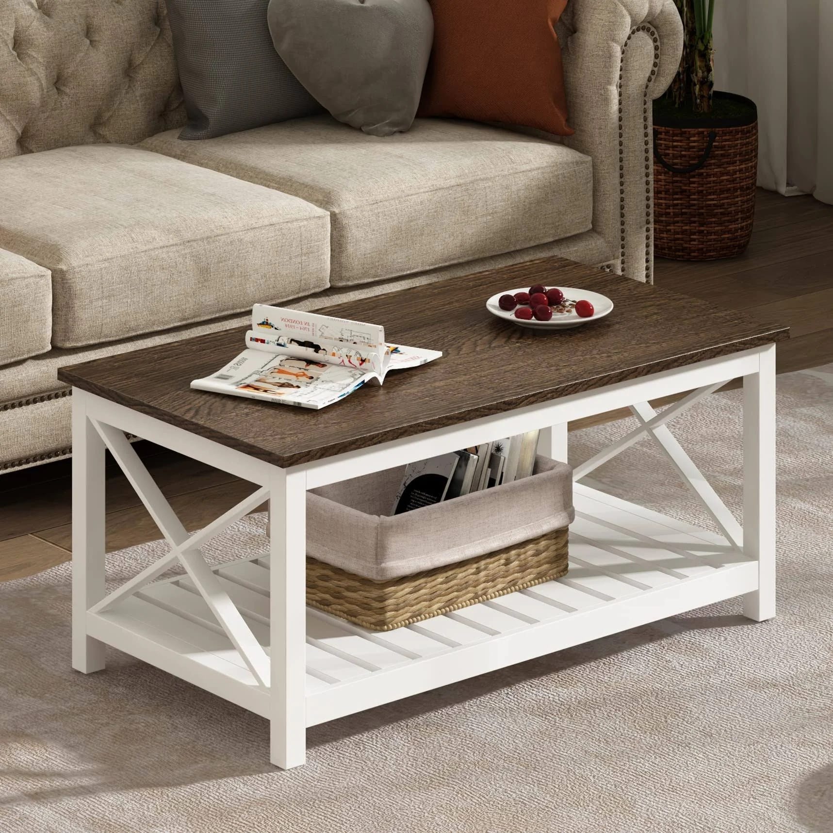 Rustic Farmhouse White Coffee Table with Shelf | Image