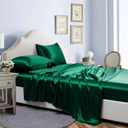 silky-satin-bed-sheets-set-pillowcase-deep-pocket-flat-fitted-sheet-full-dark-green-1