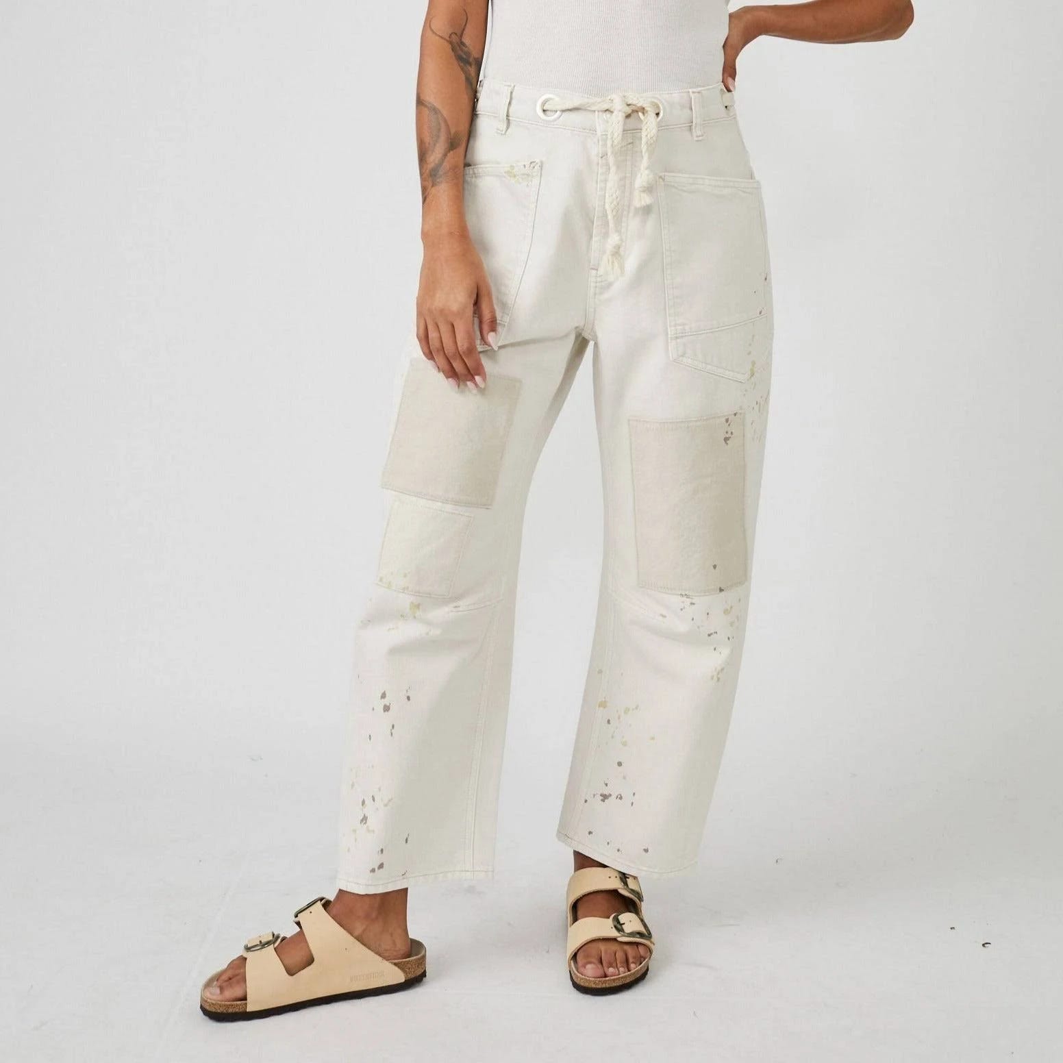 Free People Moxie Low Slung Pull-On Barrel Jeans in White - Effortless and Edgy Style | Image