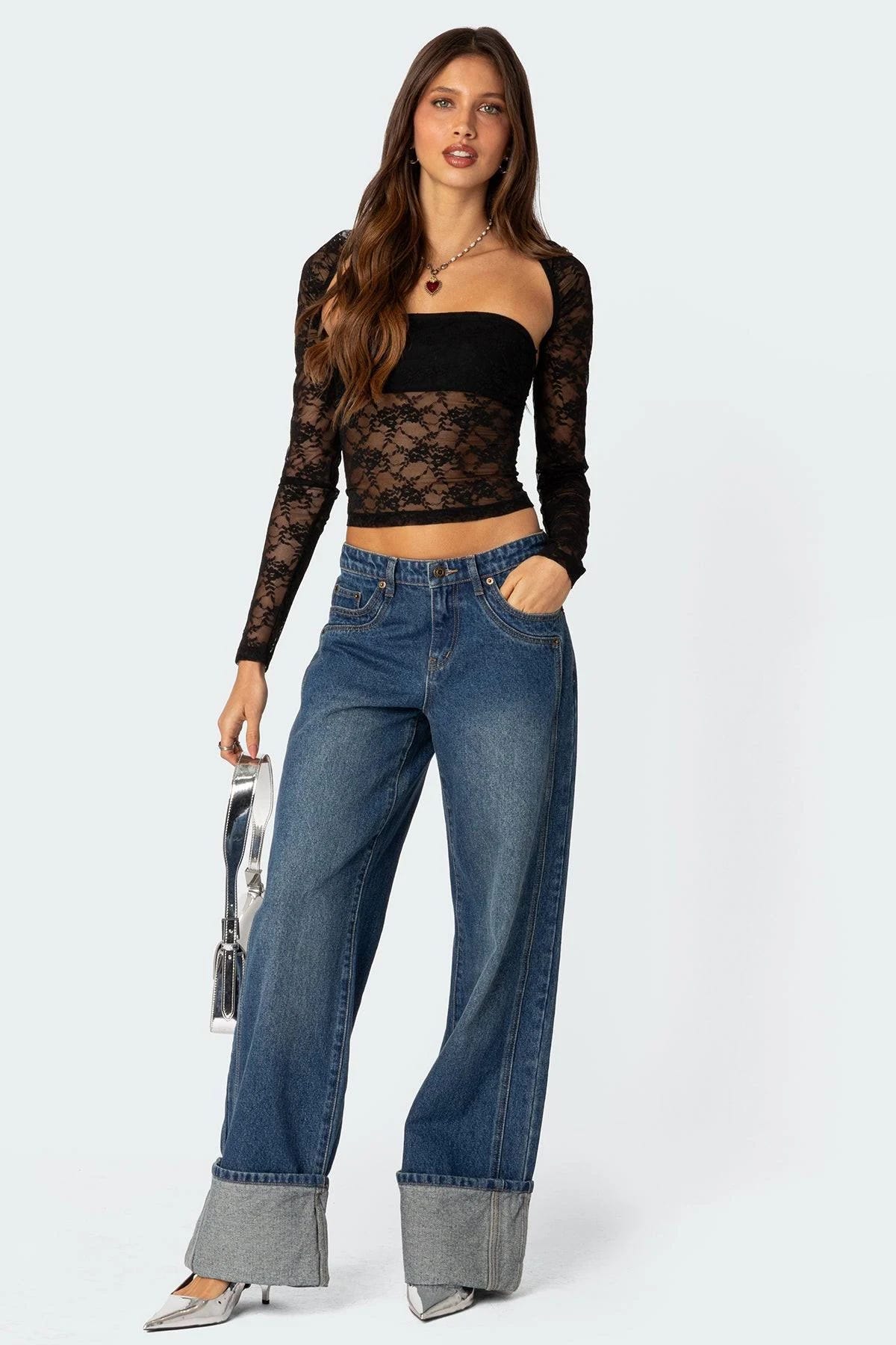 Affordable Cuffed Low-Rise Straight Jeans in Blue | Image