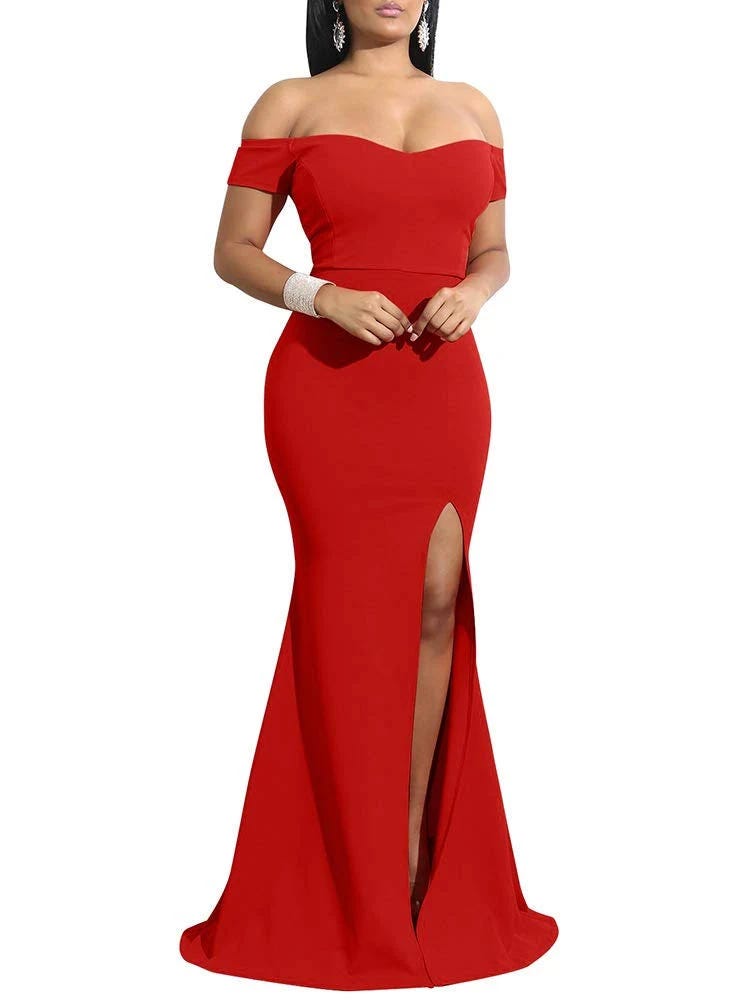 Fashionable Off-Shoulder Red Evening Gown for Prom and Special Occasions | Image