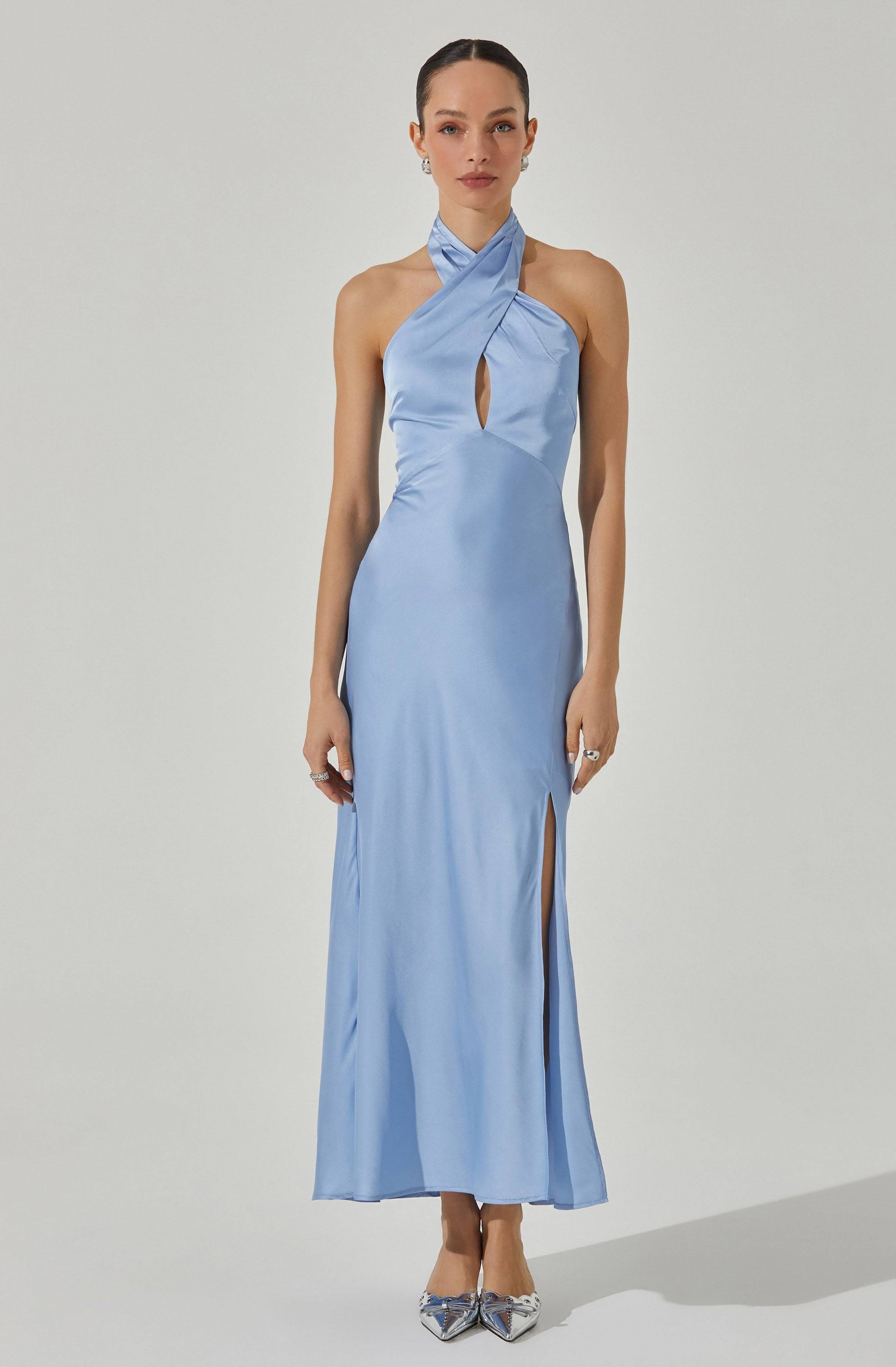 Elegant Blue Halter Midi Dress with Crisscross Accent | Image