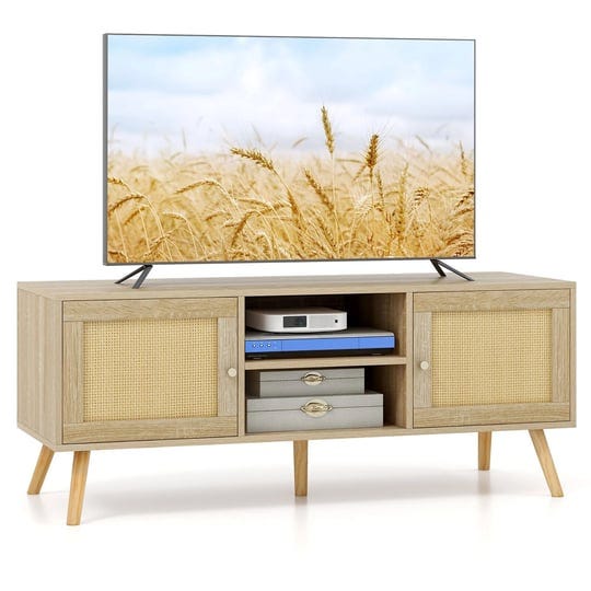 tangkula-boho-tv-stand-pe-rattan-media-console-table-w-cabinets-open-shelves-1