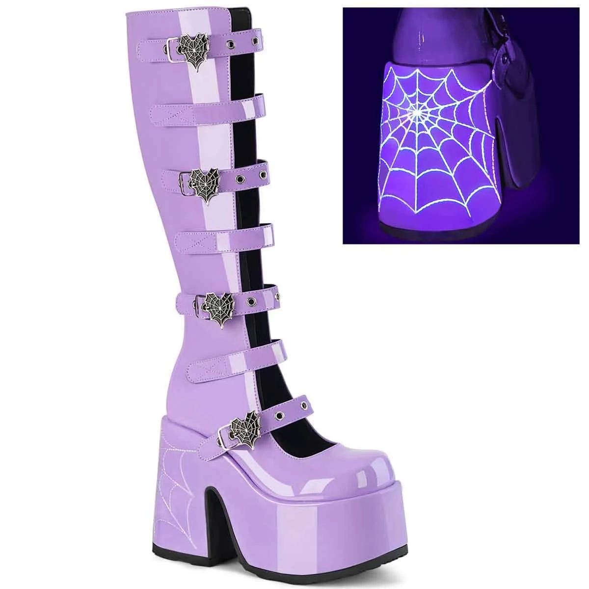 Lavender Patent Demonia Camel Block Heel Boots - Purple Heel Option | Image