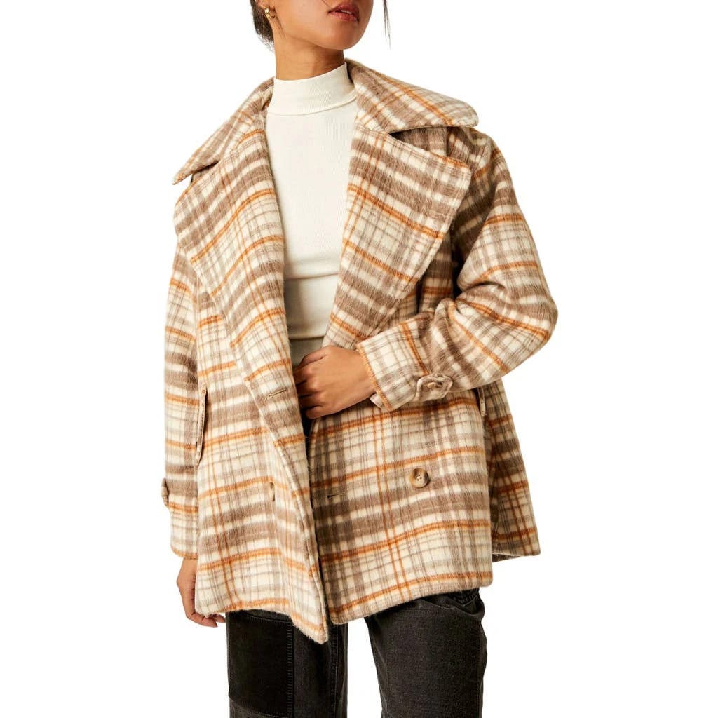 Stylish Oversized Plaid Peacoat for Women in Brown | Image