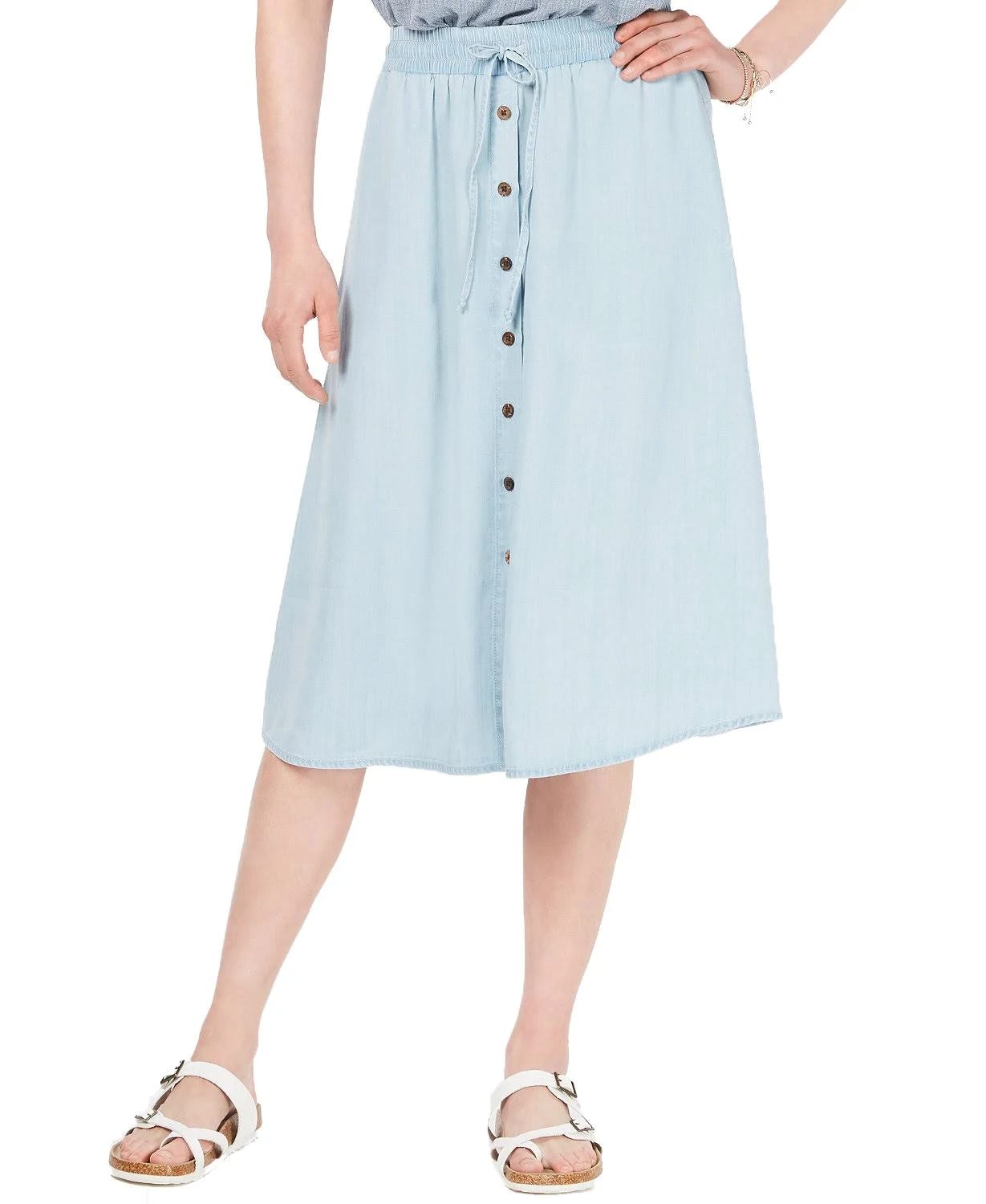 Elegant Chambray Button-Front Midi Skirt for Women | Image