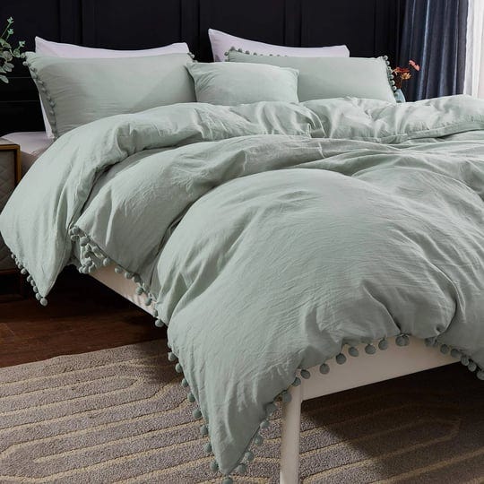 andency-pom-pom-fringe-duvet-cover-queen-size-90x90-inch-3-pieces-1-solid-sage-green-duvet-cover-2-p-1