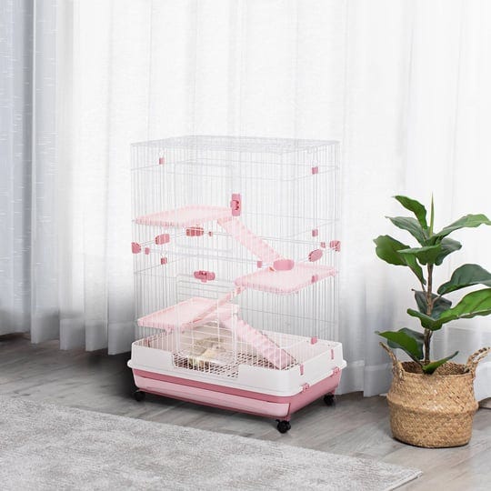 pawhut-32l-4-level-indoor-small-animal-rabbit-cage-with-wheels-pink-1