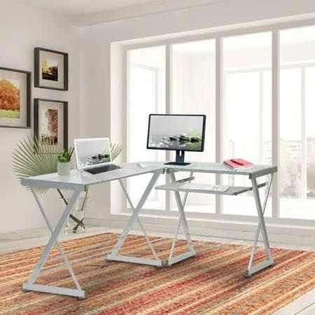 Tempered Glass L-Shaped Computer Desk with Pull-Out Keyboard Panel | Image