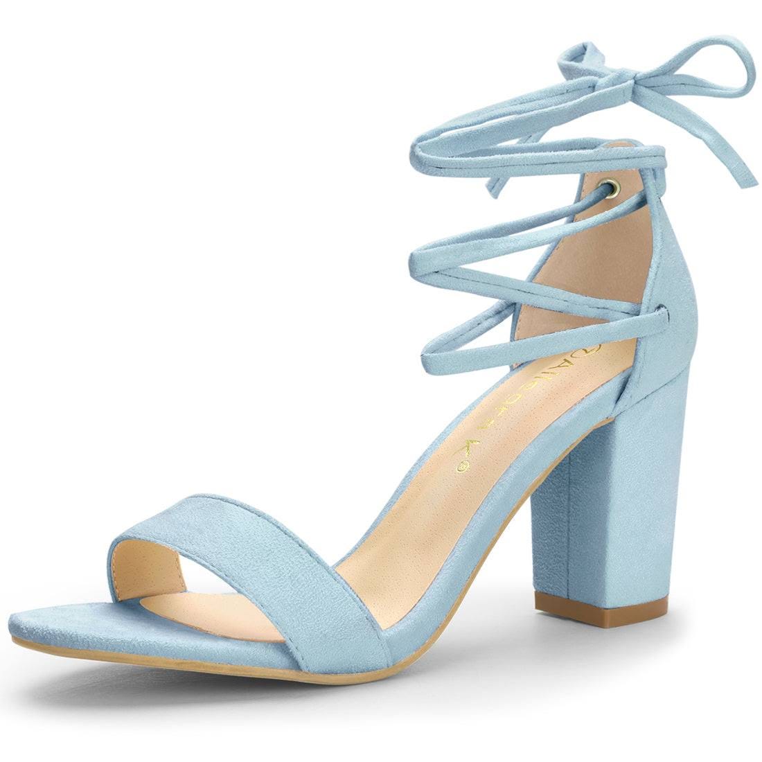 Allegra K Suede Tie-Up Chunky Heel Sandals with Sky Blue Vamp | Image