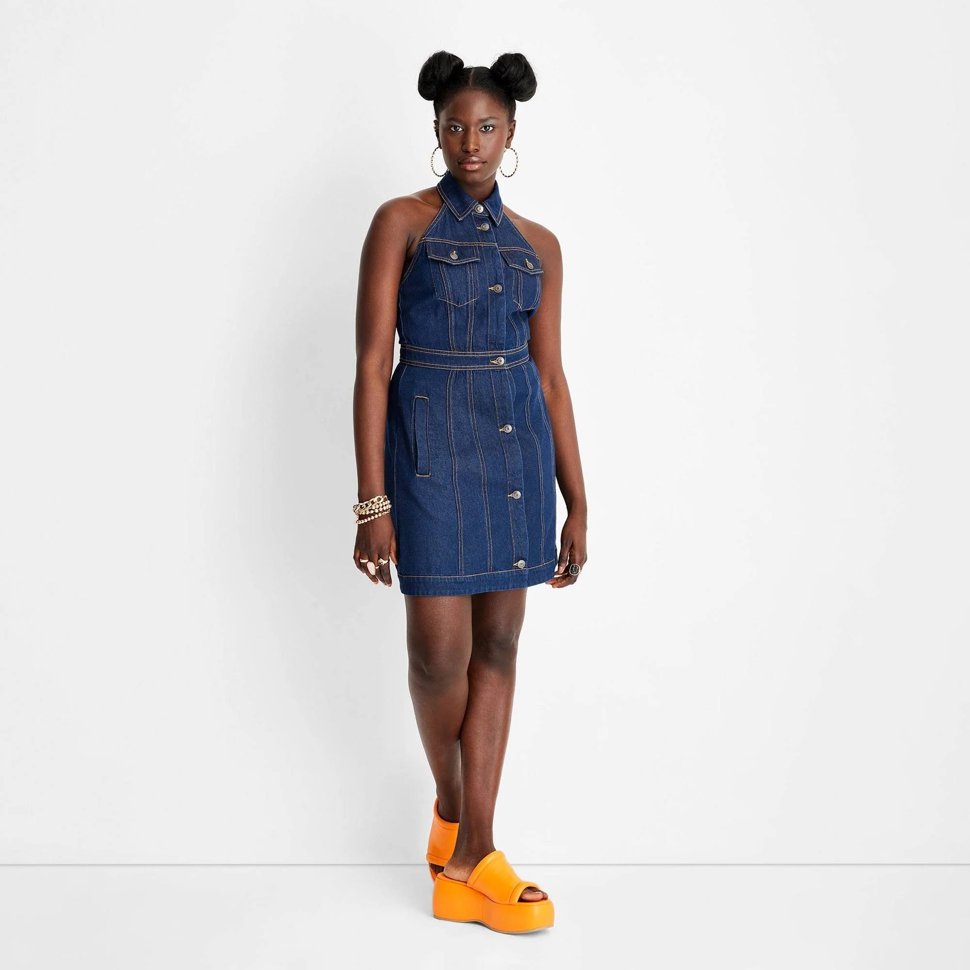 Comfy Collared Denim Mini Dress by Future Collective with Alani Noelle Blue | Image