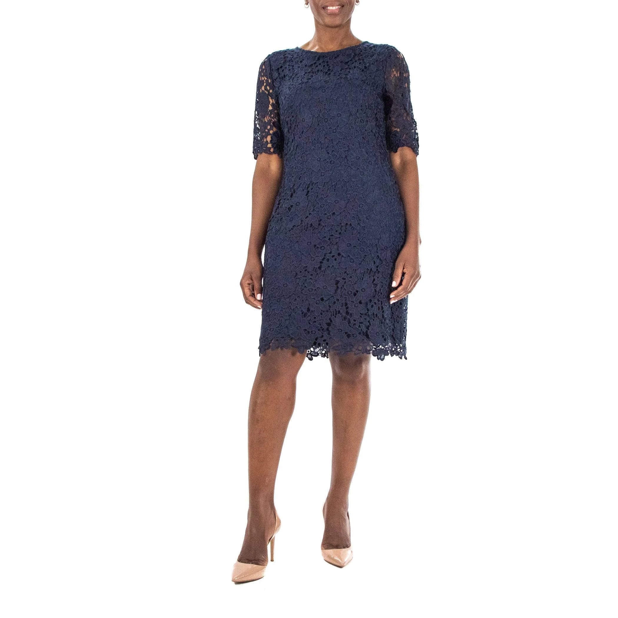 Navy Blue Lace Half-Sleeve Dress for Women | Image