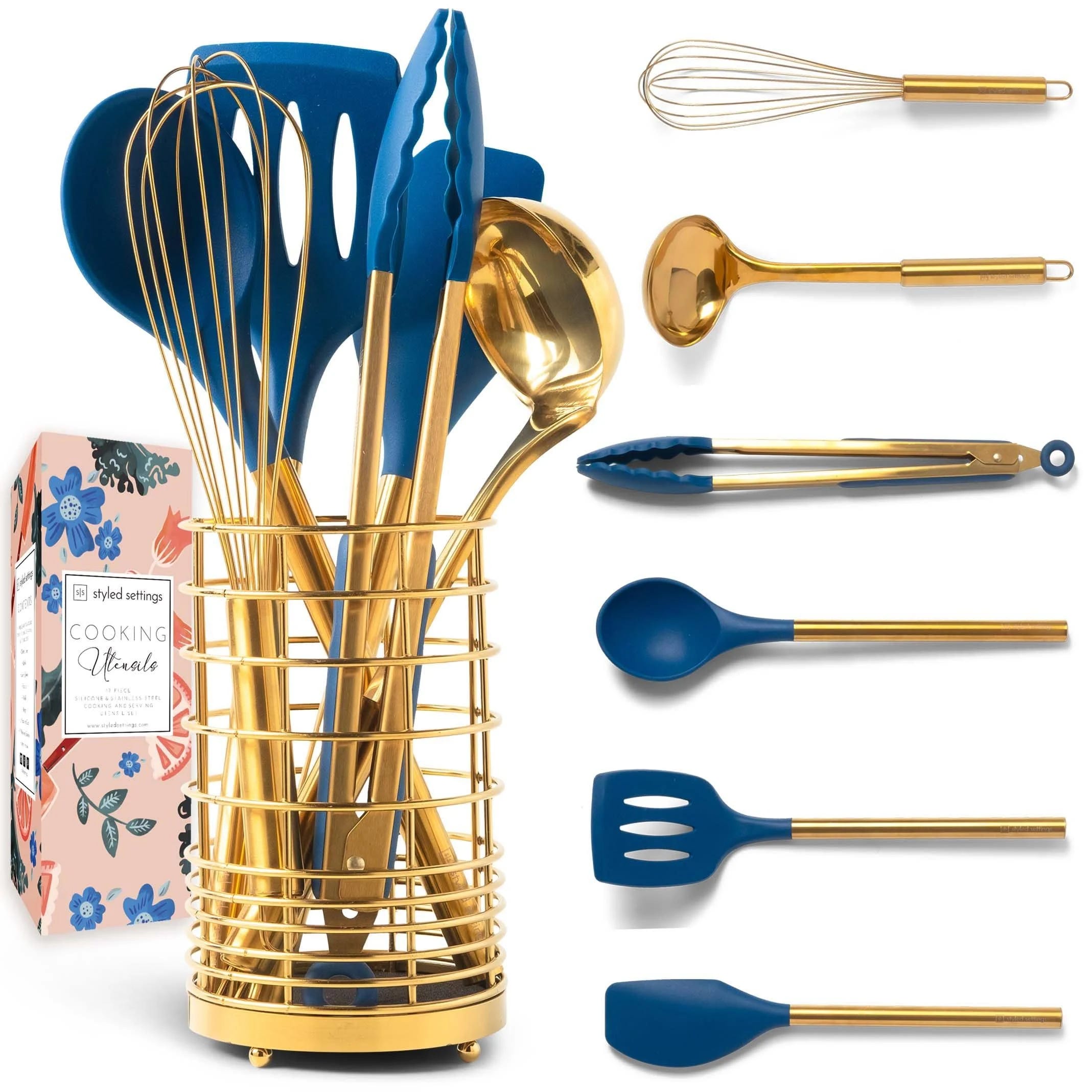 Styled Settings Gold & Navy Blue Kitchen Utensils Set | Image