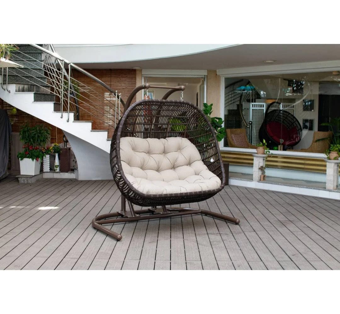 Comfortable Outdoor Double Egg Chair with Stand and Cushion | Image