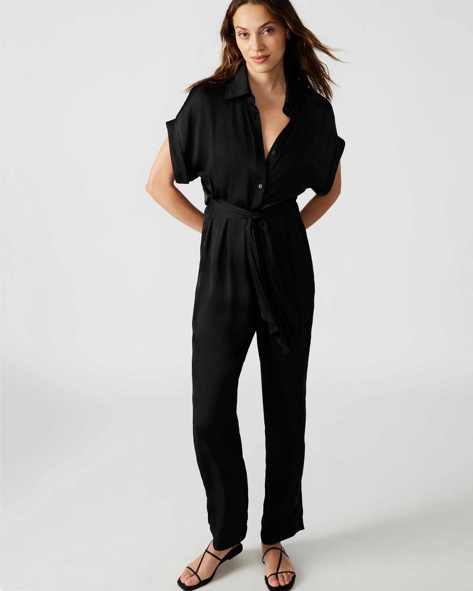 Chic Black Wide Leg Satin Jumpsuit | Image