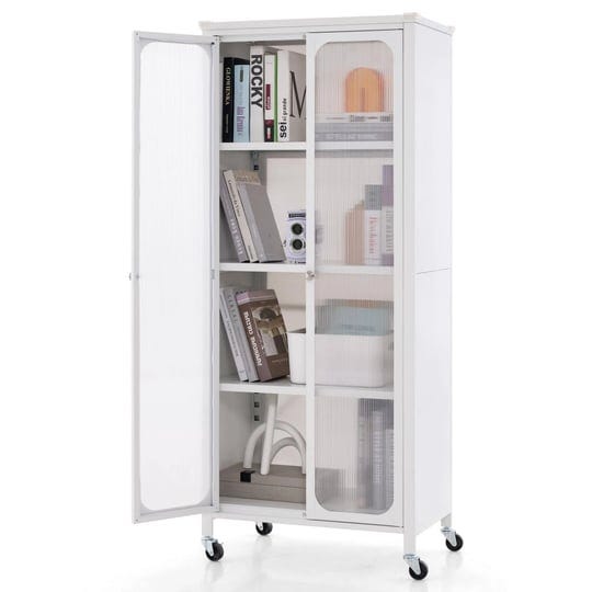 giantex-bookcase-with-doors-58-tall-4-tier-bookshelf-with-wheels-adjustable-shelves-white-1