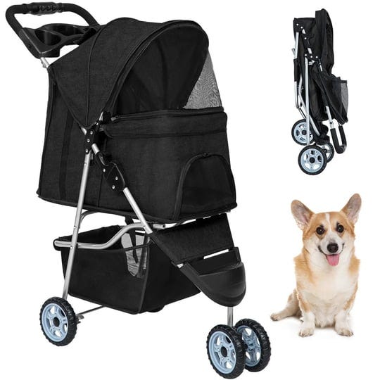 bestpet-pet-stroller-dog-cat-jogger-stroller-folding-with-cup-holder-black-3-wheels-1