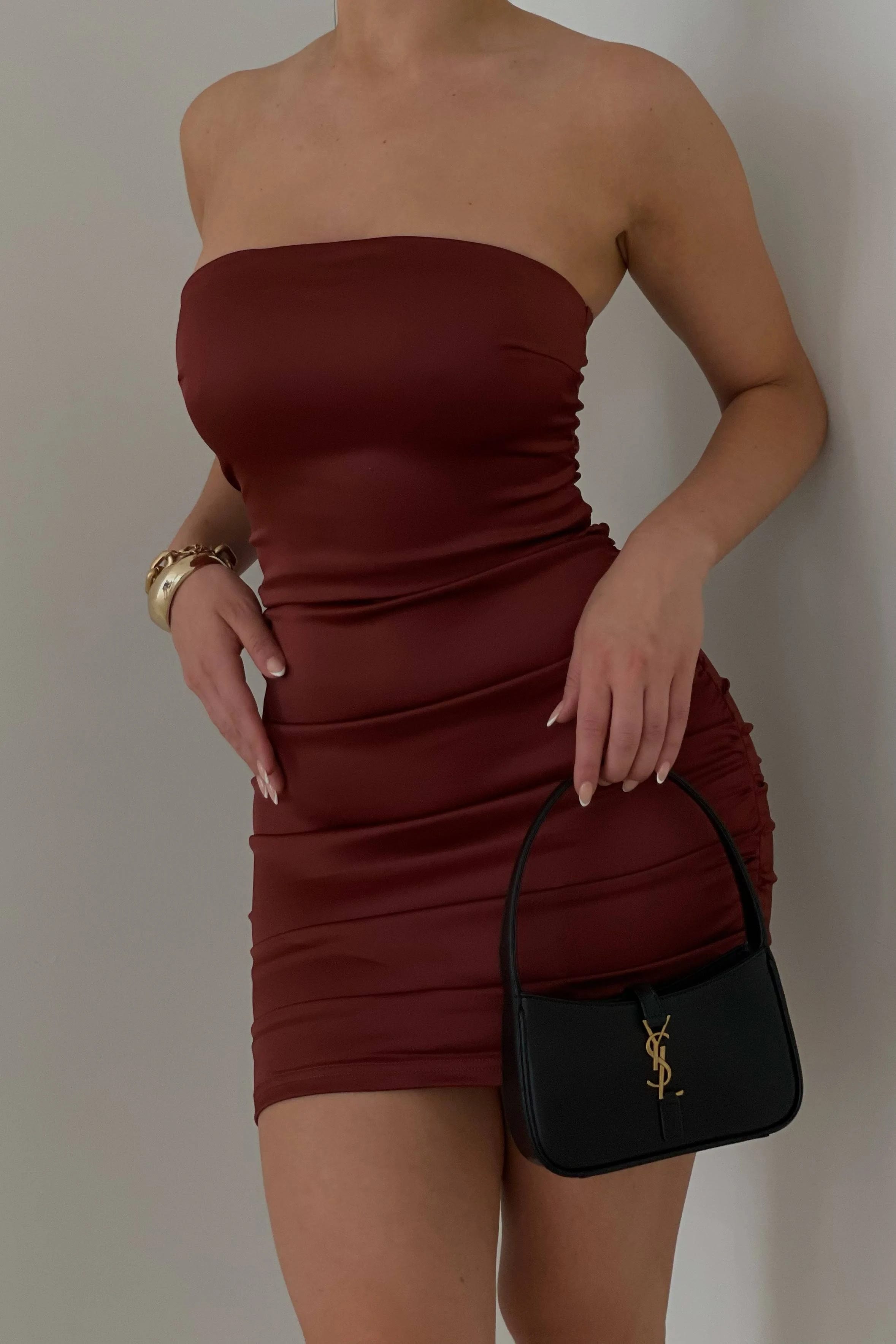 Stylish Brown Mini Cocktail Dress with Elastane Fabric | Image