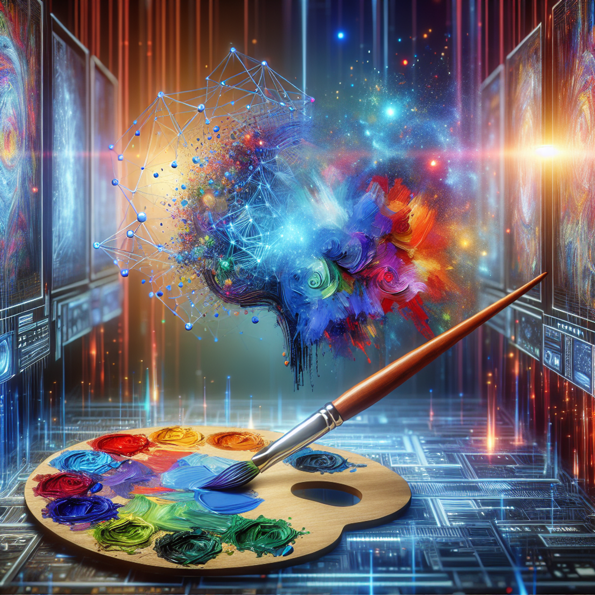 An artist's palette with vibrant colors and powerful brush strokes, set in a modern, high-tech lab with computer screens displaying neural network structures and illuminated by light beams.