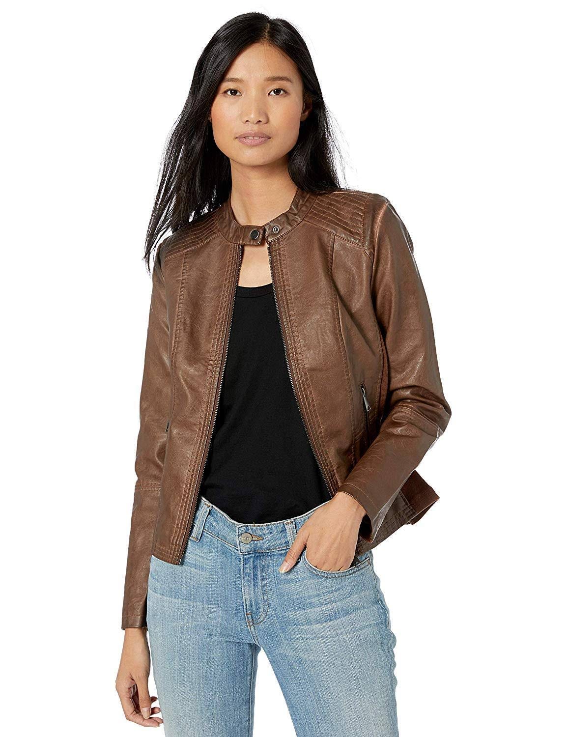 Comfortable Faux Leather Women's Moto Jacket with Stretch Panels | Image