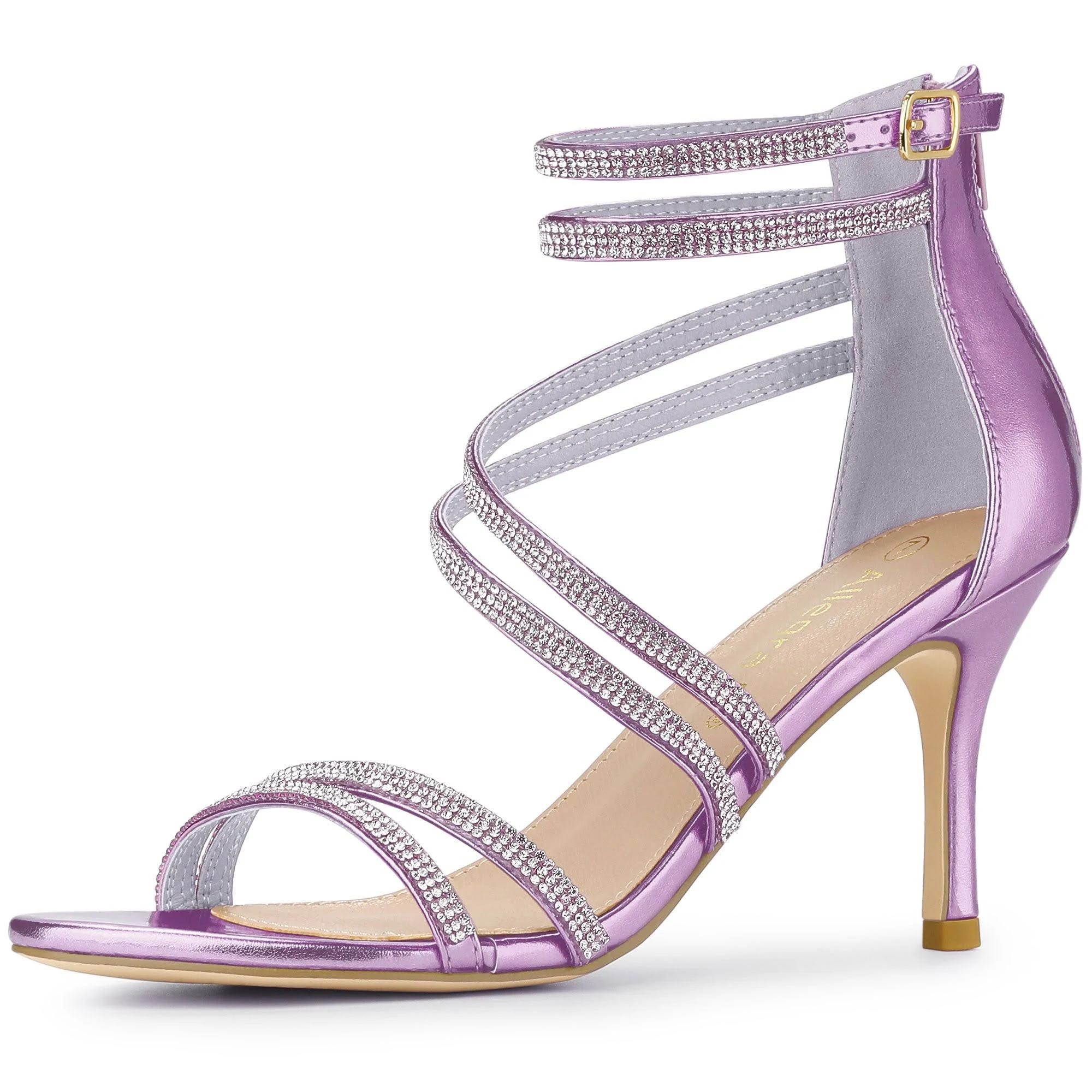 Rhinestone Ankle Strap Stiletto Heels in Purple | Image