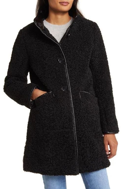 Sam Edelman Black Faux Fur Teddy Coat, Size Large | Image