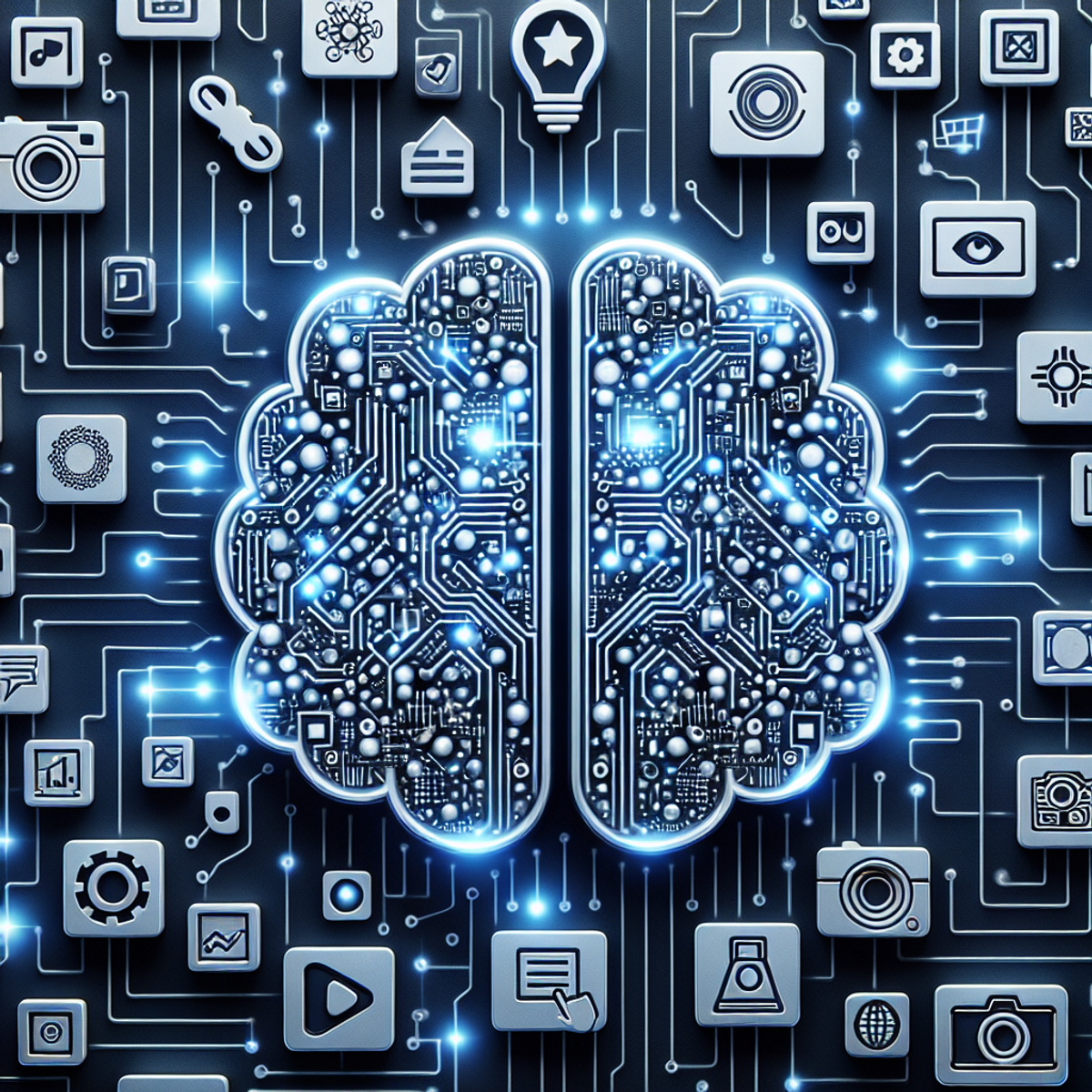 A large brain with circuit-like patterns integrated within it, symbolizing AI, is shown analyzing a mix of images and videos represented by play buttons and camera icons, indicating image and video SEO techniques.